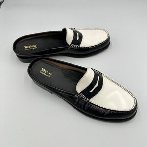 Weejuns G H Bass Black White Leather Mules Loafers Women's Slip On Shoes Retro